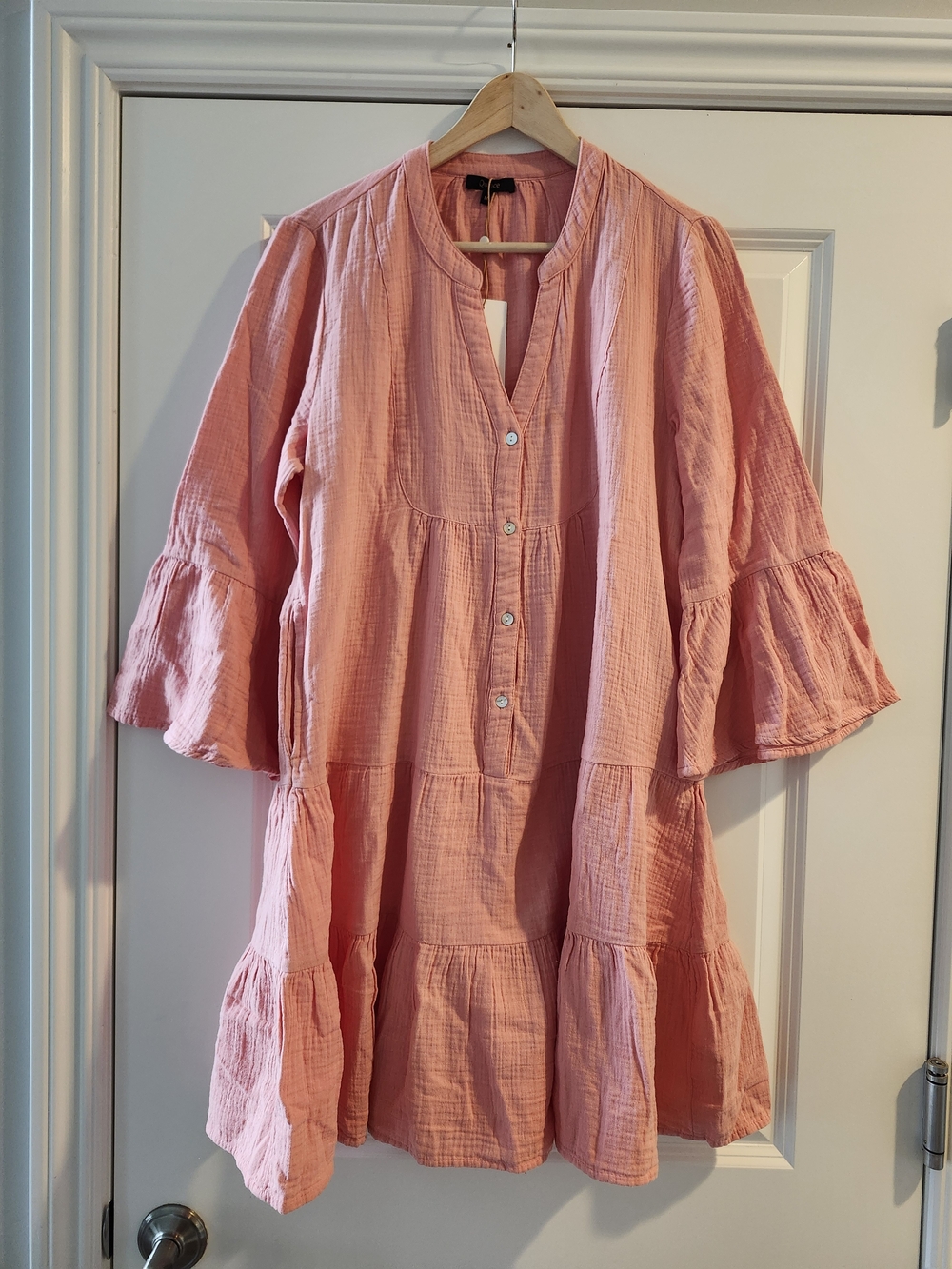 NWT Quince Organic Cotton Gauze Tiered Mini Dress Coral Blush M - Picture 2 of 6